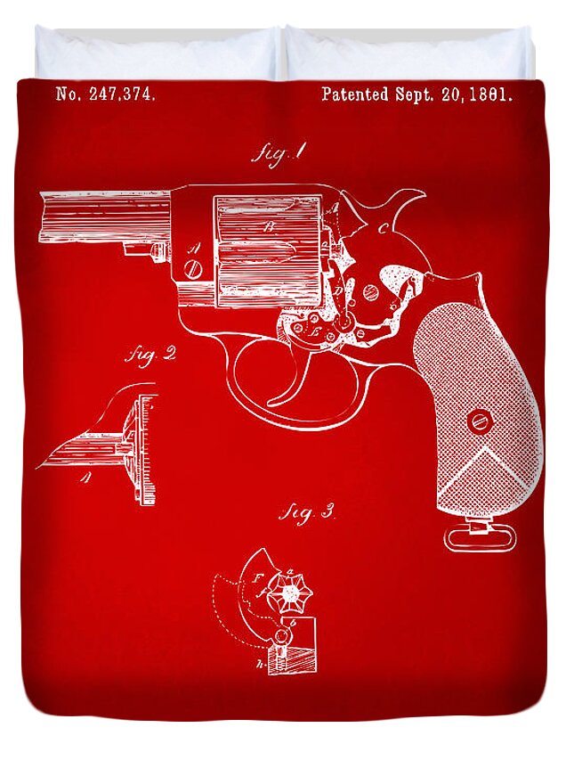 Colt Duvet Cover featuring the digital art 1881 Mason Revolving Fire Arm Patent Artwork Red by Nikki Marie Smith