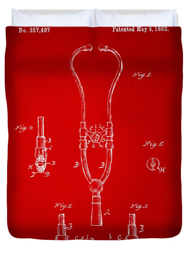Stethoscope Duvet Cover featuring the digital art 1882 Doctor Stethoscope Patent - Red by Nikki Marie Smith
