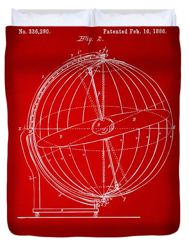 Globe Duvet Cover featuring the digital art 1886 Terrestro Sidereal Globe Patent 2 Artwork - Red by Nikki Marie Smith