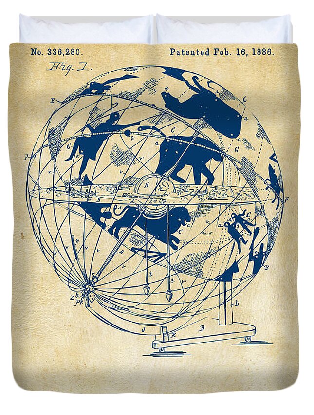 Globe Duvet Cover featuring the digital art 1886 Terrestro Sidereal Globe Patent Artwork - Vintage by Nikki Marie Smith