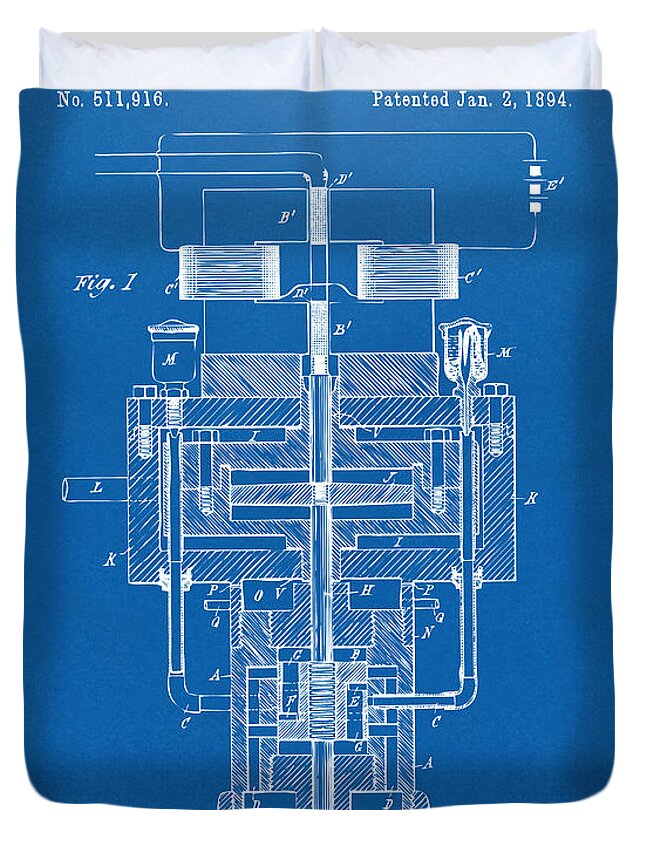 Tesla Duvet Cover featuring the digital art 1894 Tesla Electric Generator Patent Blueprint by Nikki Marie Smith