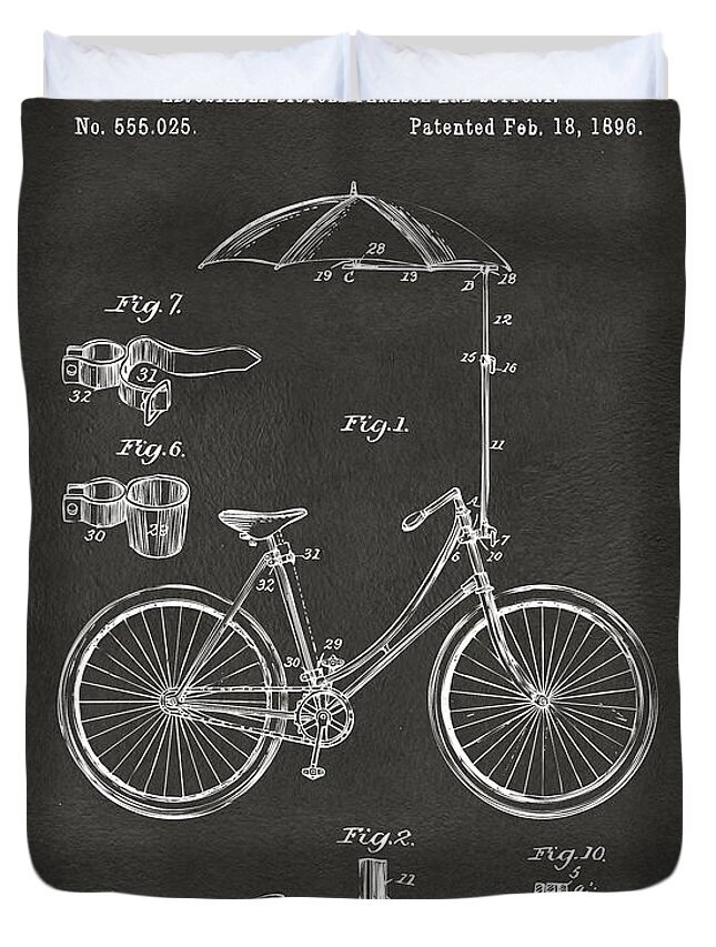 Bicycle Duvet Cover featuring the digital art 1896 Bicycle Parasol Patent Artwork Gray by Nikki Marie Smith