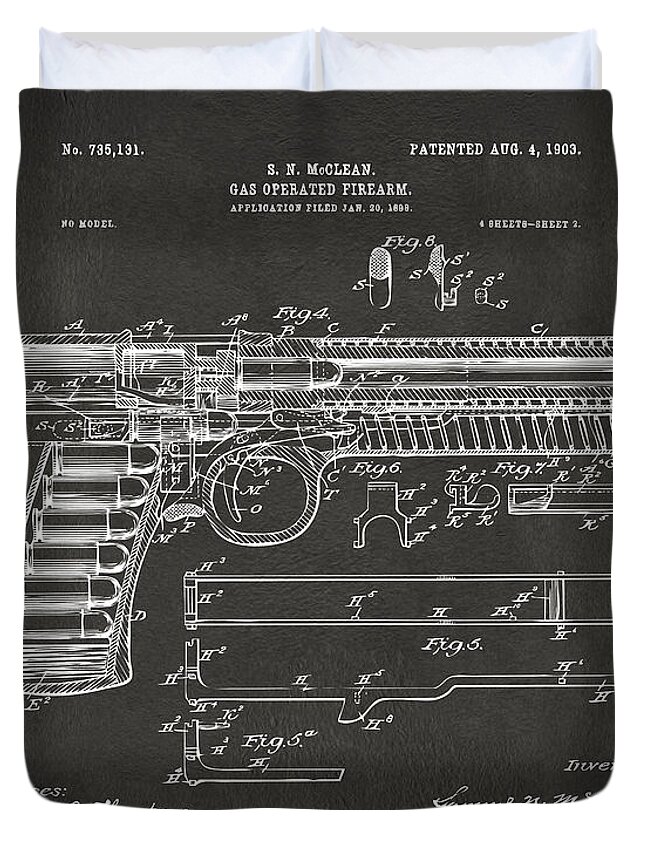 Gun Duvet Cover featuring the digital art 1903 McClean Pistol Patent Artwork - Gray by Nikki Marie Smith