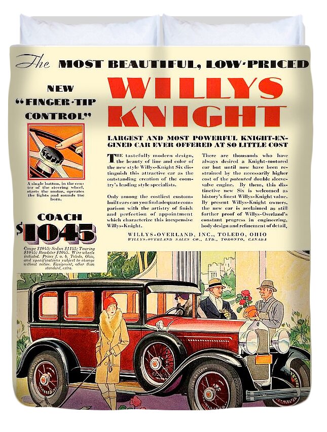 1929 Duvet Cover featuring the digital art 1929 - Willys Overland Willys Knight Automobile Advertisement - Color by John Madison