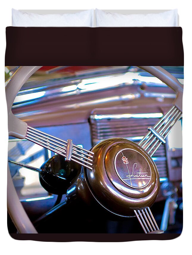 1938 Cadillac V-16 Presidential Convertible Parade Limousine Duvet Cover featuring the photograph 1938 Cadillac V-16 Presidential Convertible Parade Limousine Steering Wheel by Jill Reger