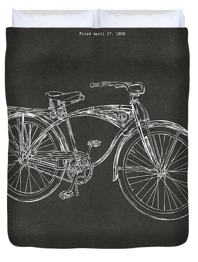 Bicycle Duvet Cover featuring the digital art 1939 Schwinn Bicycle Patent Artwork - Gray by Nikki Marie Smith