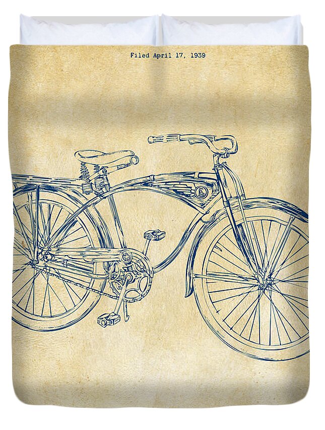 Bicycle Duvet Cover featuring the digital art 1939 Schwinn Bicycle Patent Artwork Vintage by Nikki Marie Smith