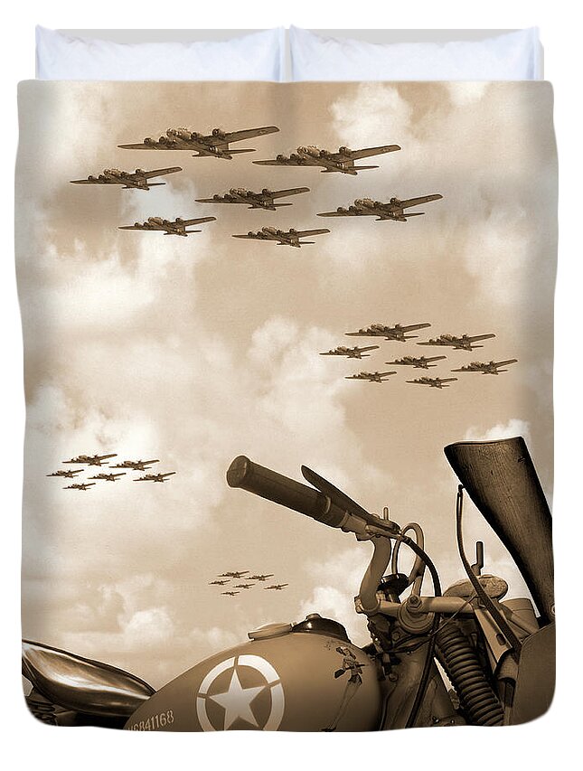 Warbirds Duvet Cover featuring the photograph 1942 Indian 841 - B-17 Flying Fortress' by Mike McGlothlen
