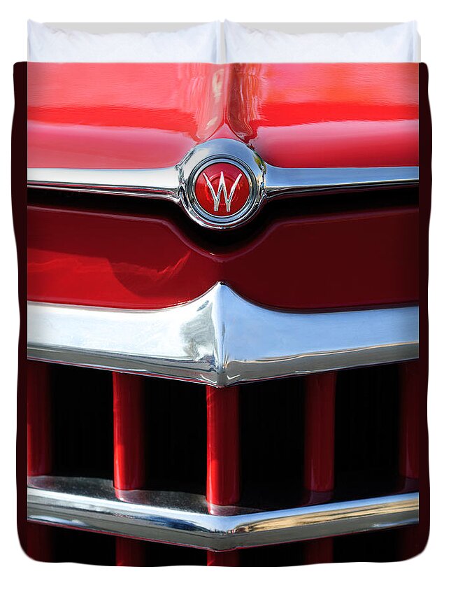 1950 Willys Overland Jeepster Duvet Cover featuring the photograph 1950 Willys Overland Jeepster Hood Emblem by Jill Reger