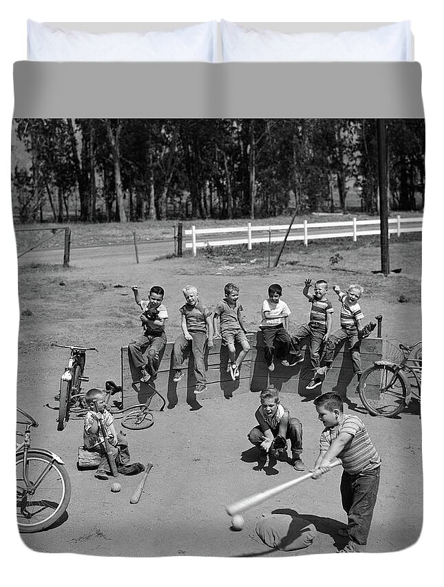 Photography Duvet Cover featuring the photograph 1950s 10 Neighborhood Boys Playing Sand by Vintage Images