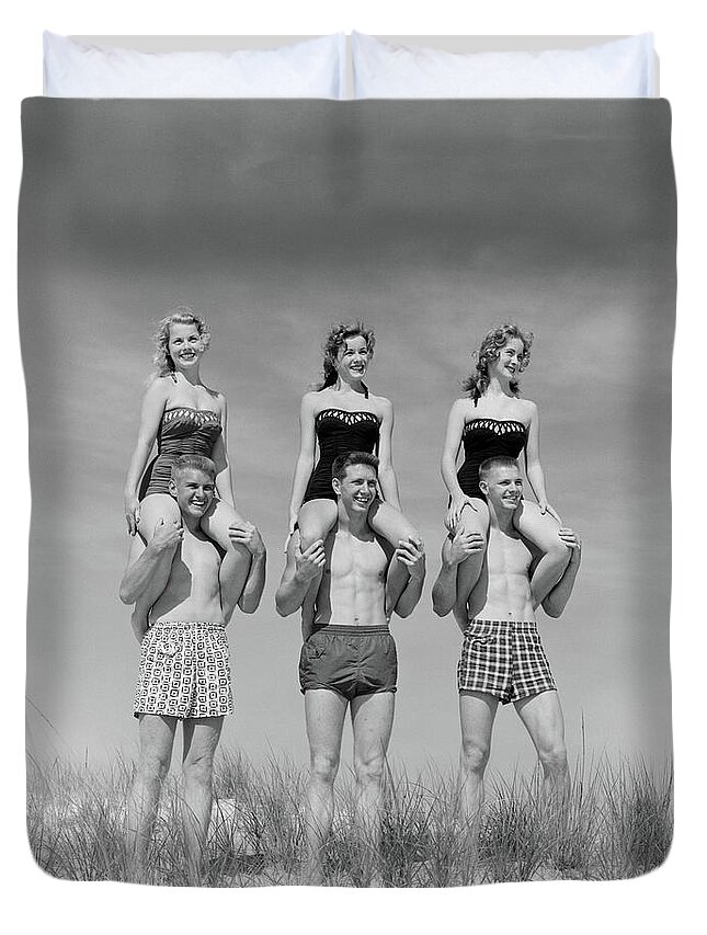 Photography Duvet Cover featuring the photograph 1950s 1960s Three Couples At Beach by Vintage Images