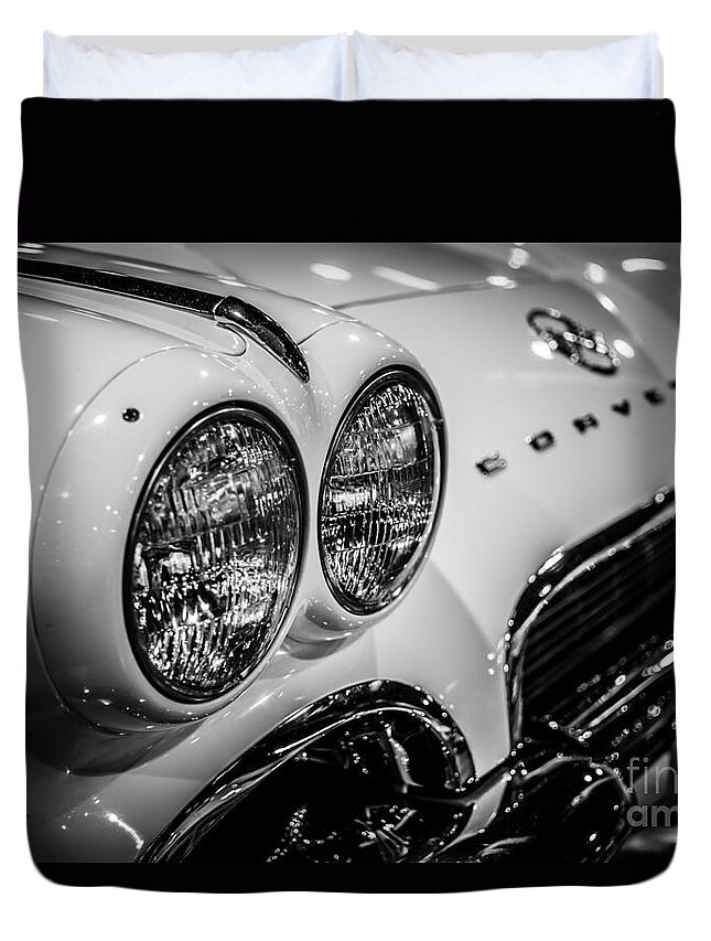 1950's Duvet Cover featuring the photograph 1950's Chevrolet Corvette C1 in Black and White by Paul Velgos