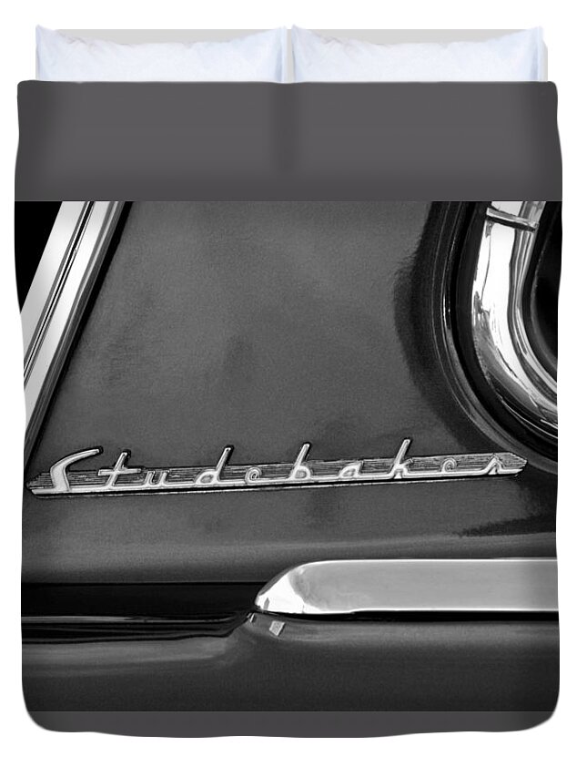 1953 Studebaker Champion Starliner Duvet Cover featuring the photograph 1953 Studebaker Champion Starliner Side Emblem by Jill Reger