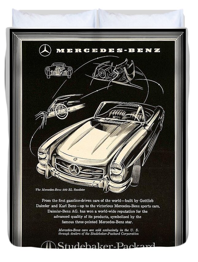 1957 Duvet Cover featuring the digital art 1957 - Mercedes-Benz Roadster Advertisement - Studebaker-Packard by John Madison