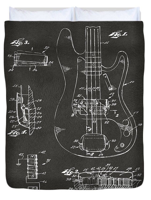 Guitar Duvet Cover featuring the digital art 1961 Fender Guitar Patent Artwork - Gray by Nikki Marie Smith