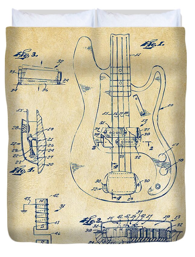 Guitar Duvet Cover featuring the digital art 1961 Fender Guitar Patent Artwork - Vintage by Nikki Marie Smith
