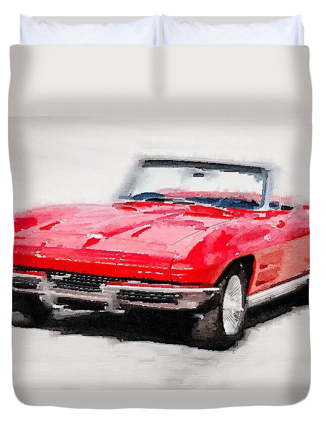 Corvette Stingray Duvet Cover featuring the painting 1964 Corvette Stingray Watercolor by Naxart Studio