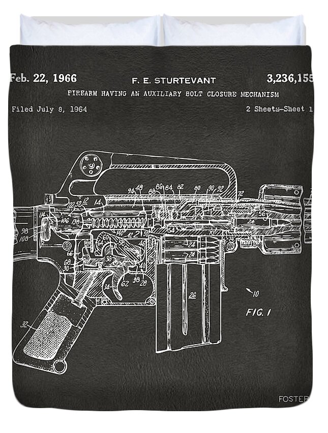 M-16 Duvet Cover featuring the digital art 1966 M-16 Gun Patent Gray by Nikki Marie Smith