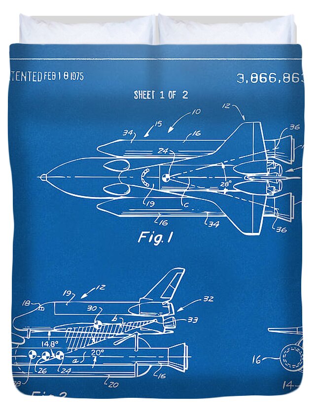 Space Ship Duvet Cover featuring the digital art 1975 Space Shuttle Patent - Blueprint by Nikki Marie Smith