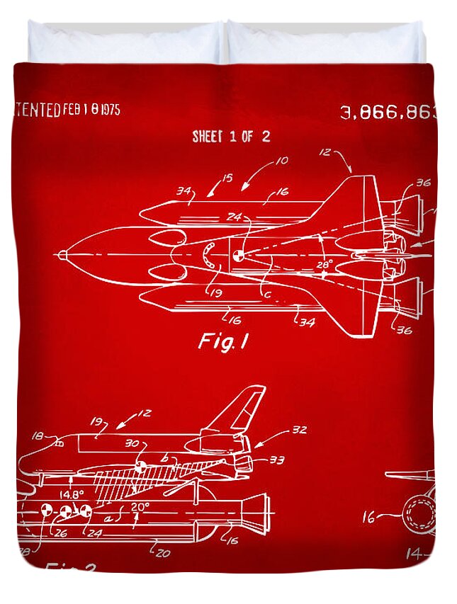 Space Ship Duvet Cover featuring the digital art 1975 Space Shuttle Patent - Red by Nikki Marie Smith