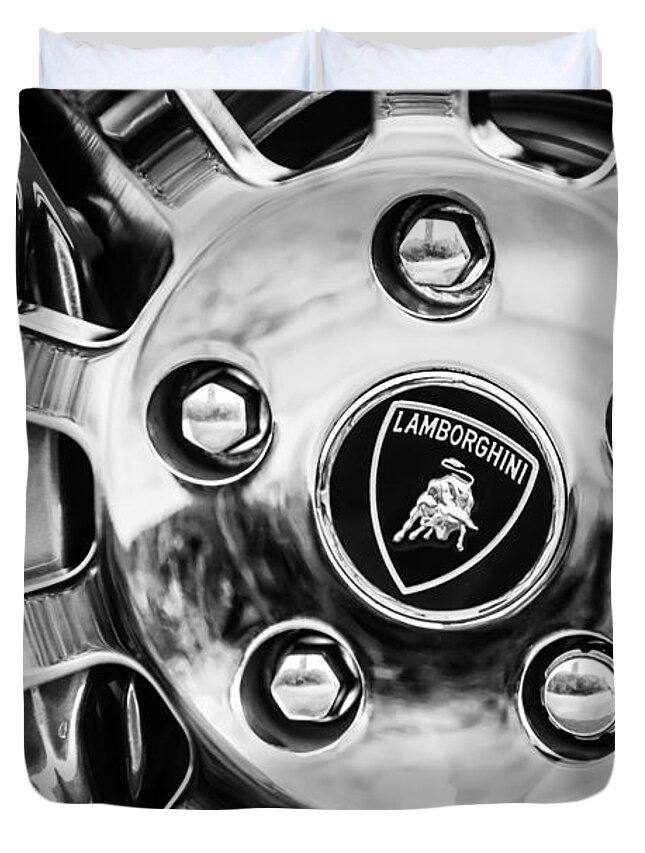 1997 Lamborghini Diablo Roadster Wheel Emblem Duvet Cover featuring the photograph 1997 Lamborghini Diablo Roadster Wheel Emblem -1303bw by Jill Reger