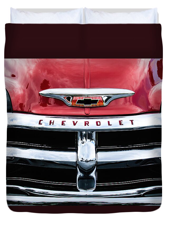 1955 Chevrolet 3100 Pickup Truck Grille Emblem Duvet Cover featuring the photograph 1955 Chevrolet 3100 Pickup Truck Grille Emblem #2 by Jill Reger
