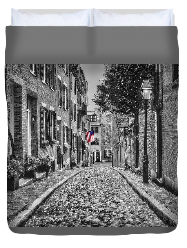 Acorn Street Duvet Cover featuring the photograph Acorn Street Boston BW #2 by Susan Candelario