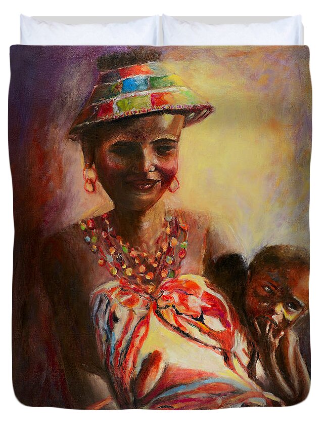 African Mother Duvet Cover featuring the painting African Mother and Child by Sher Nasser