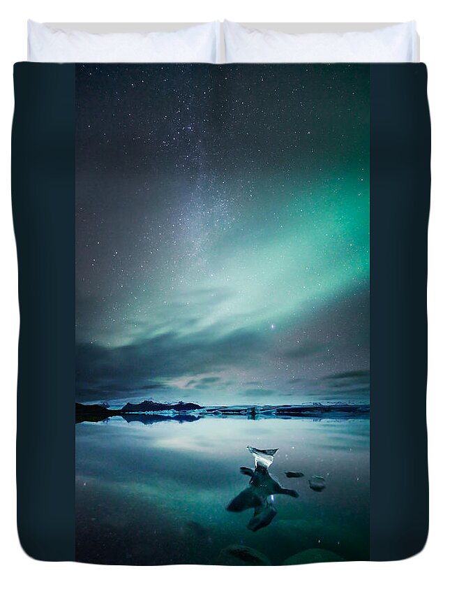 Aurora Duvet Cover featuring the photograph Aurora borealis Northern lights over glacial lagoon in Iceland #1 by Matteo Colombo