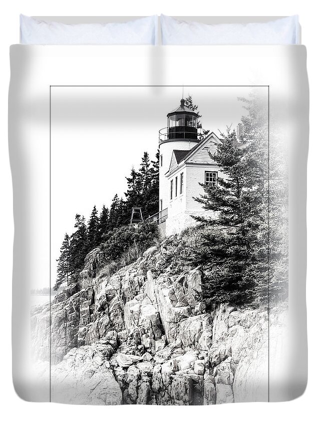 Bass Harbor Duvet Cover featuring the photograph Bass Harbor Light in Black and White by David Birchall