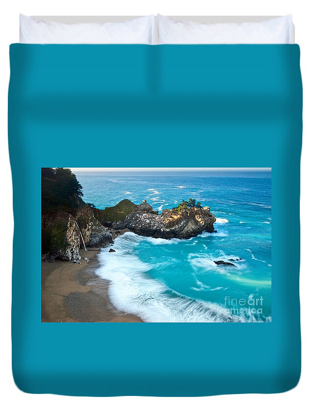 Mcway Falls Duvet Cover featuring the photograph Beautiful McWay Falls along the Big Sur Coast. #2 by Jamie Pham