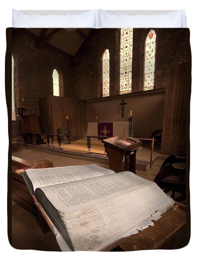 Beliefs Duvet Cover featuring the photograph Bible In Church #2 by John Short