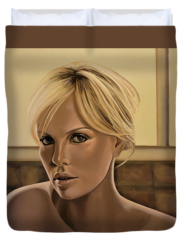 Charlize Theron Duvet Cover featuring the painting Charlize Theron Painting by Paul Meijering