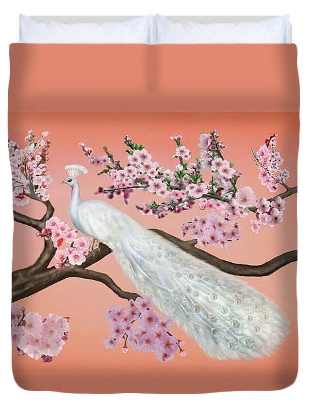 Cherry Blossom Framed Prints Duvet Cover featuring the digital art Cherry Blossom Peacock by Glenn Holbrook