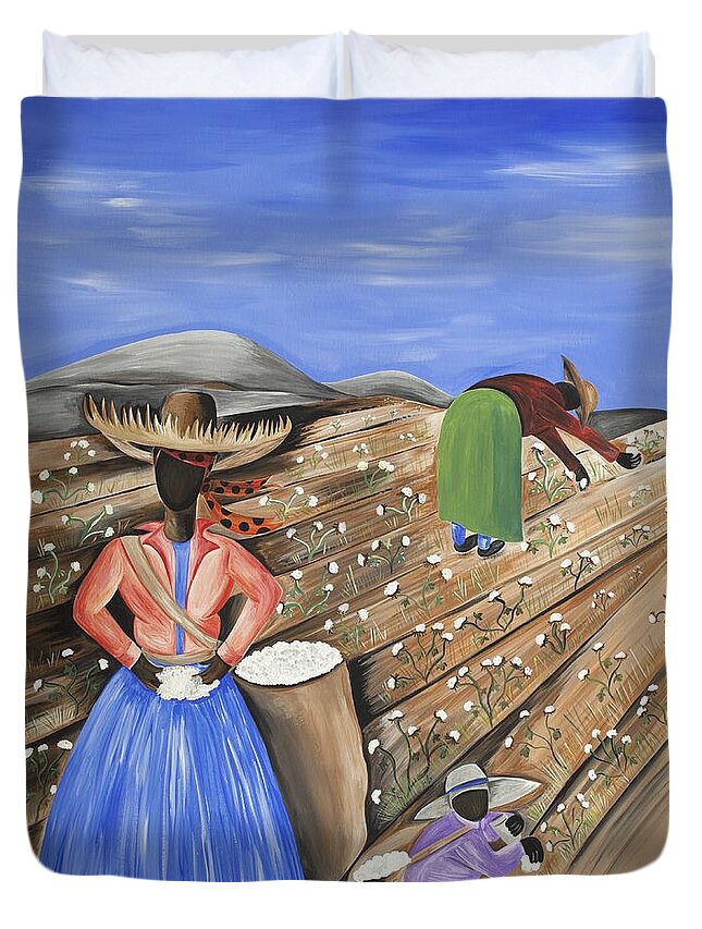 Gullah Art Duvet Cover featuring the painting Cotton Pickin' Cotton by Patricia Sabreee