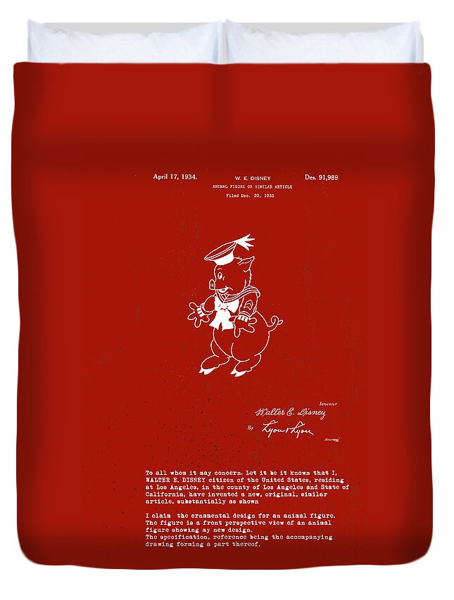 Practical Pig Duvet Cover featuring the digital art Disney Pig Patent #2 by Marlene Watson