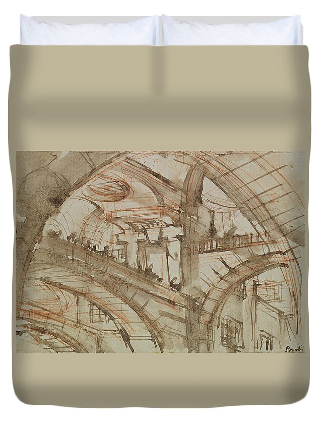 Gaol; Jail; Carceri D'invenzione; Fictive; Fantastic; Vaulted; Interior Duvet Cover featuring the drawing Drawing of an Imaginary Prison by Giovanni Battista Piranesi