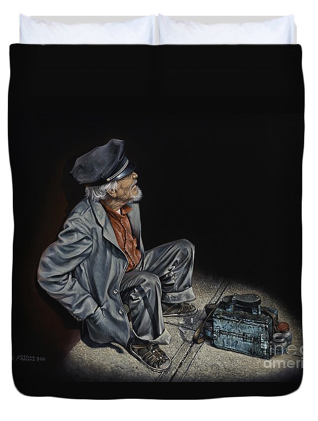Shoeshiner Duvet Cover featuring the painting Empty Pockets by Ricardo Chavez-Mendez