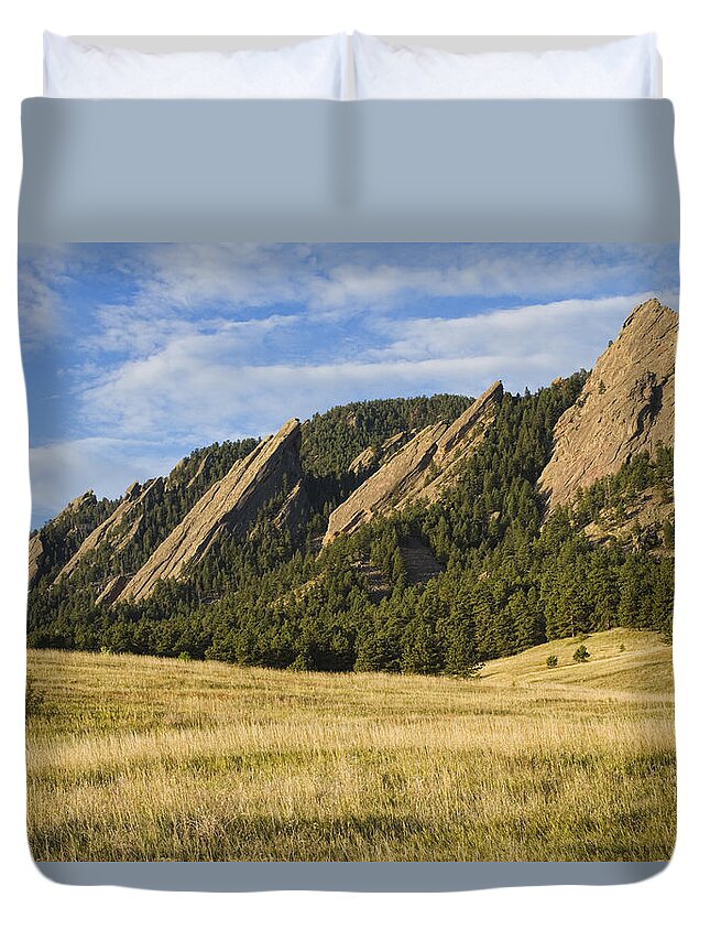 'boulder Photos' Duvet Cover featuring the photograph Flatirons with Golden Grass Boulder Colorado #2 by James BO Insogna