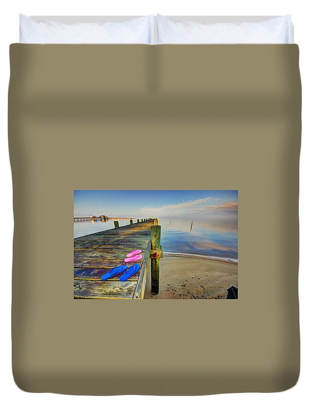 Alabama Duvet Cover featuring the photograph Flip Flops on the Dock #2 by Michael Thomas