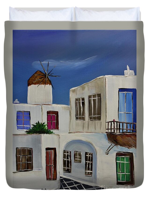 Greece Duvet Cover featuring the painting Greek Village by Janice Pariza