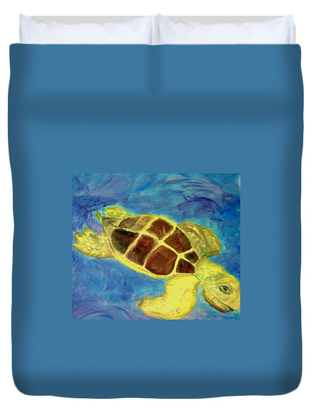 Loggerhead Turtle Duvet Cover featuring the painting Loggerhead Freed by Suzanne Berthier