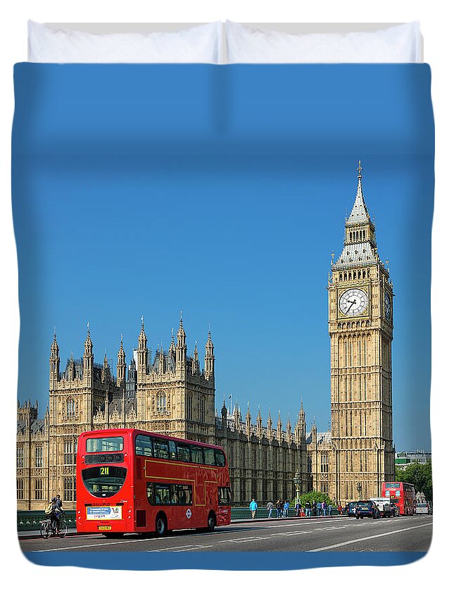 Clock Tower Duvet Cover featuring the photograph London, Big Ben And Traffic On #2 by Sylvain Sonnet