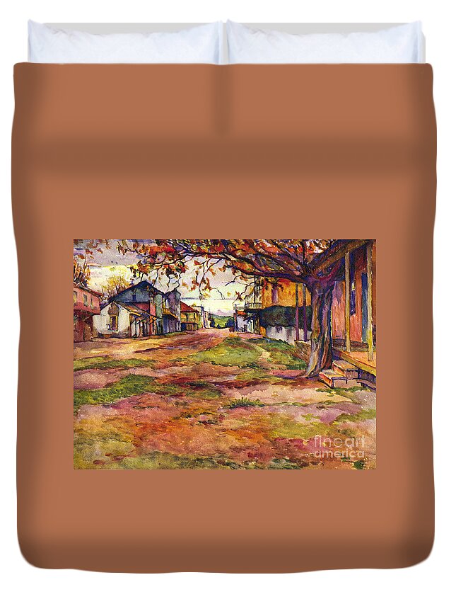 Main Street Duvet Cover featuring the painting Main street of early Spanish California Days San Juan Bautista Rowena M Abdy Early California Artist by Monterey County Historical Society