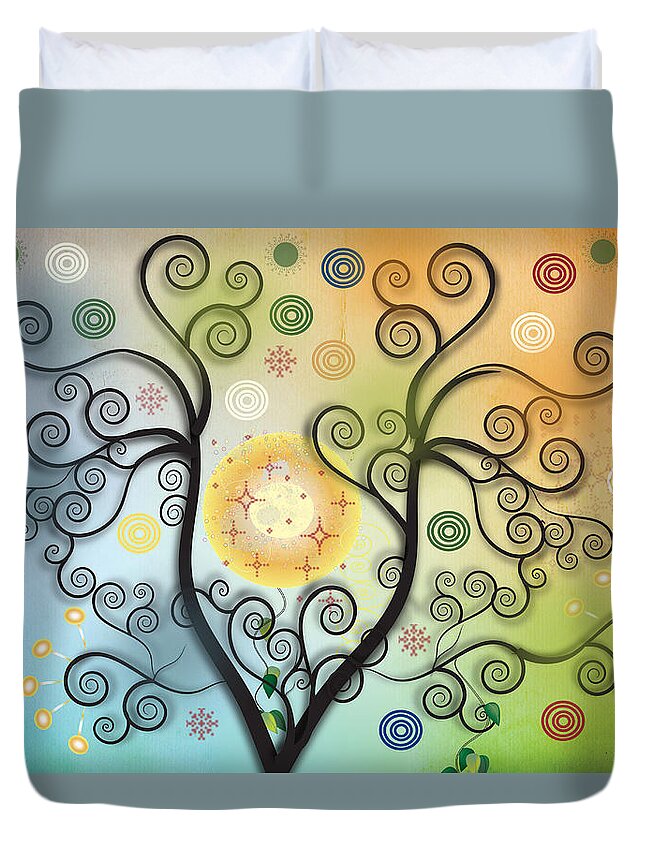 Folk Art Duvet Cover featuring the digital art Moon Swirl Tree by Kim Prowse