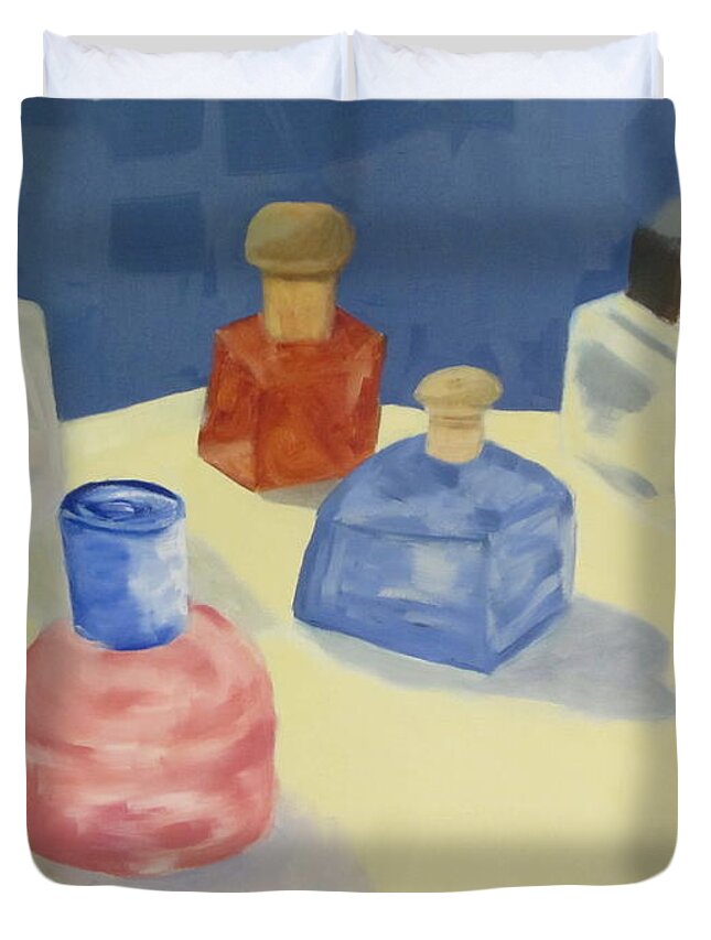 Perfume Bottles Duvet Cover featuring the painting Perfume Bottles by Patricia Cleasby