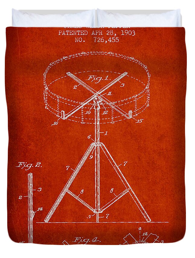 Drum Duvet Cover featuring the digital art Portable Drum patent Drawing from 1903 - Red by Aged Pixel