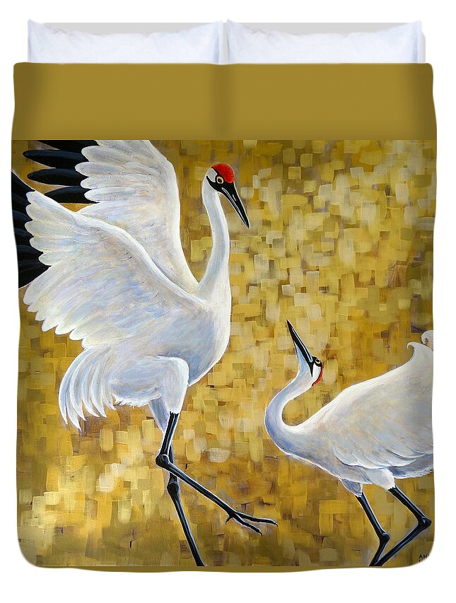 Whooping Cranes Duvet Cover featuring the painting Shall We? by Ande Hall