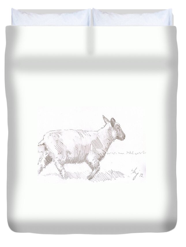 Sheep Duvet Cover featuring the drawing Sheep #9 by Mike Jory