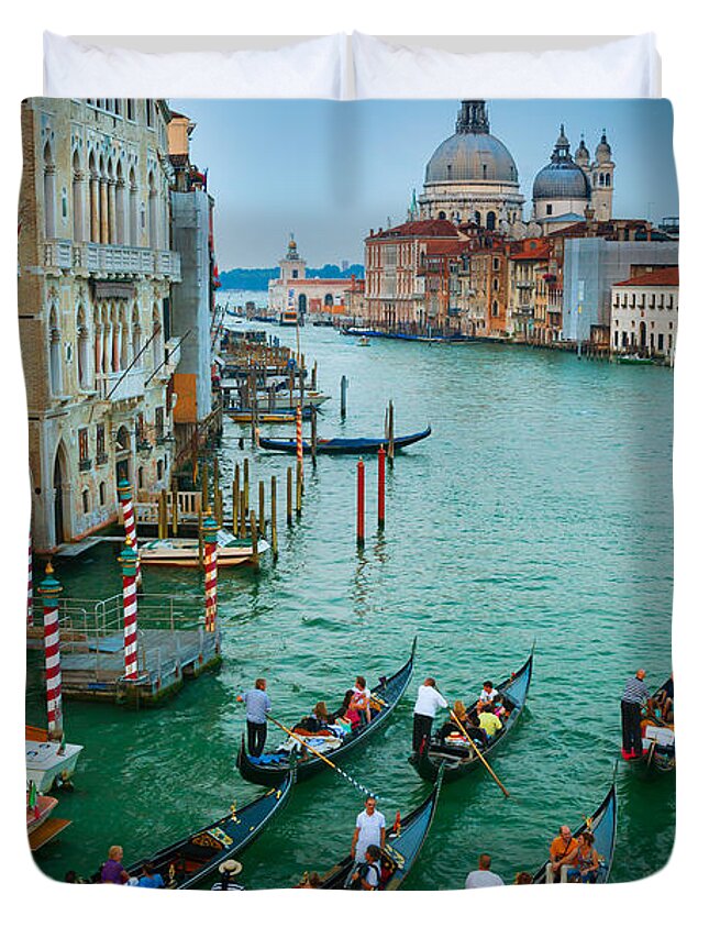 Canal Grande Duvet Cover featuring the photograph Six Gondolas by Inge Johnsson